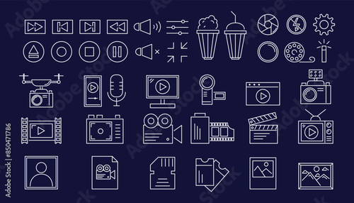 Video icon. TV cinema play. Media film. Camera and photo reels. Multimedia microphone. Screen online player button. Live streaming. Broadcast line symbol. Movie production. Vector clip logo garish set