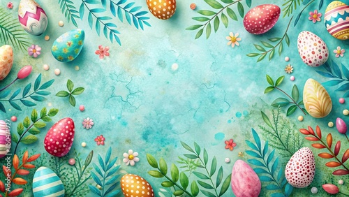 Easter retro pattern design background with decorative eggs, leaves, flowers on sky blue watercolor art background, Easter photo