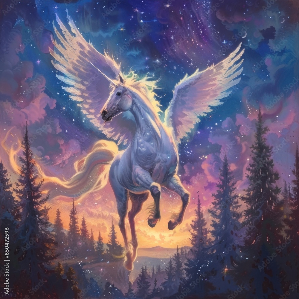 Majestic Pegasus soaring over a magical fairy tale forest, with sparkling wings and a glowing aura, under a twilight sky. Majestic Pegasus soaring over a magical fairy tale forest, with sparkling wings and a glowing aura, under a twilight sky.