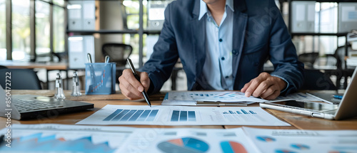 Professional Financial Analyst Analyzing Graphs on PC desk prospective without face, Ultrawide