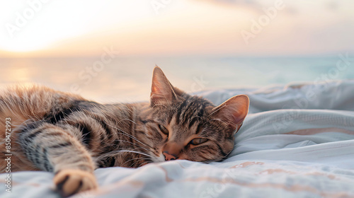 Fototapeta Naklejka Na Ścianę i Meble -  A cat lying on a bed by the sea