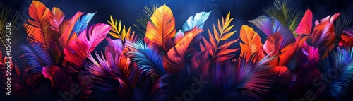 Neoncolored tropical leaves in a symmetrical arrangement, vibrant and surreal, creating a striking and artistic border on a dark background photo
