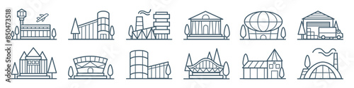 Icon line architecture. Modern city building. Outline art. Airport and mall. Houses district. Museum exterior. Factory and warehouse. Office estate. Urban university. Vector tidy facility symbols set