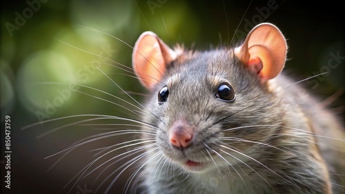 Close-up image of a gray rat with detailed fur and whiskers, animal, rodent, close-up, cute, mammal, small, wildlife, grey, rat © tammanoon