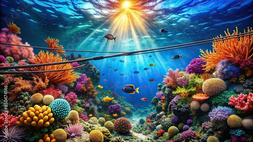 Vibrant underwater scene with submarine cables among colorful coral reefs and marine life