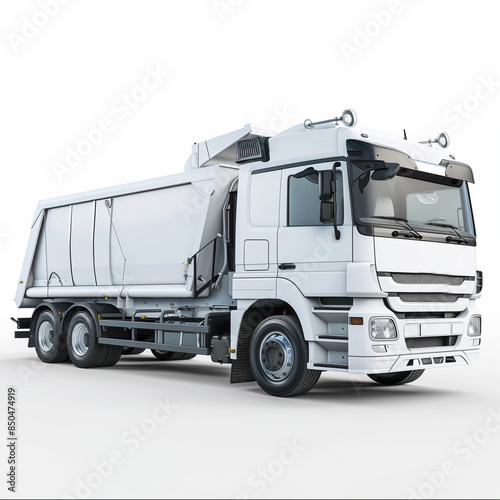 White Dump Truck on White Background, Front-Three-Quarter View, Detailed Illustration, Construction and Industrial Vehicle, Heavy Equipment Art, 4K Wallpaper, Poster