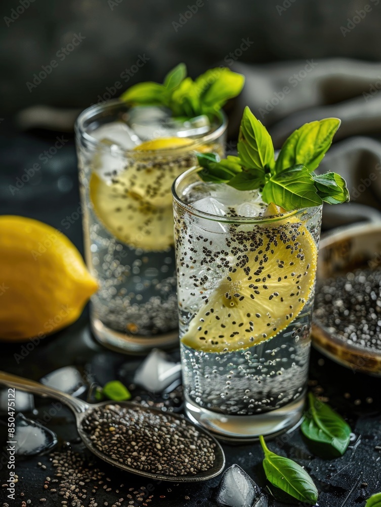 Fototapeta premium A pair of glasses filled with ice and lemon slices, perfect for a refreshing drink