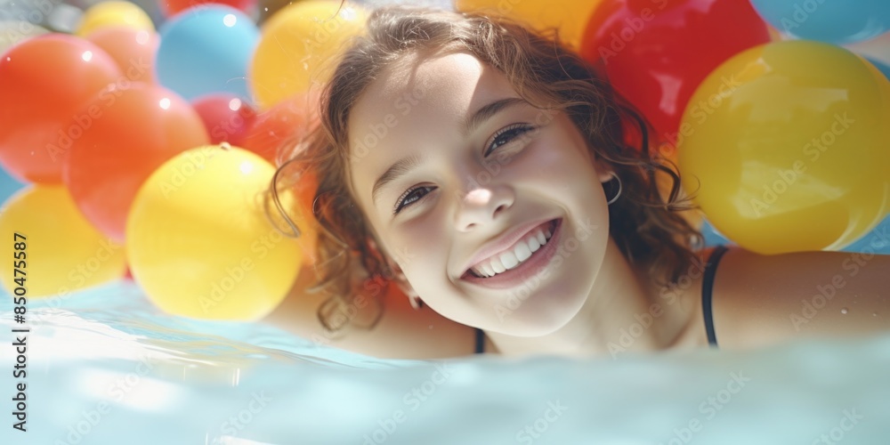 Obraz premium A young girl enjoying herself in a colorful pool filled with balloons, perfect for birthday party or celebration scene