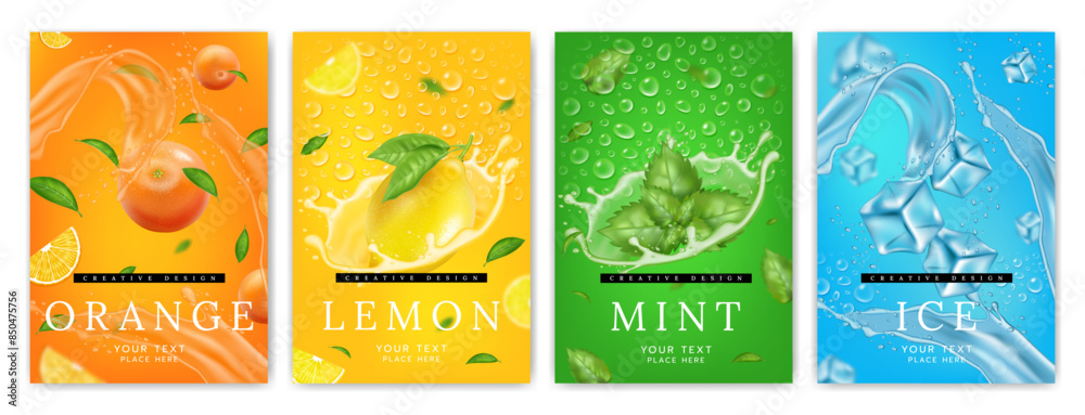 Fototapeta premium Fruit poster, splash water. Lemon, orange, green mint and ice in liquid in motion. Background fresh, drop drink 3d. Menthol flavor, citrus juice. Cold summer banner. Vector realistic isolated elements