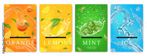 Fruit poster, splash water. Lemon, orange, green mint and ice in liquid in motion. Background fresh, drop drink 3d. Menthol flavor, citrus juice. Cold summer banner. Vector realistic isolated elements