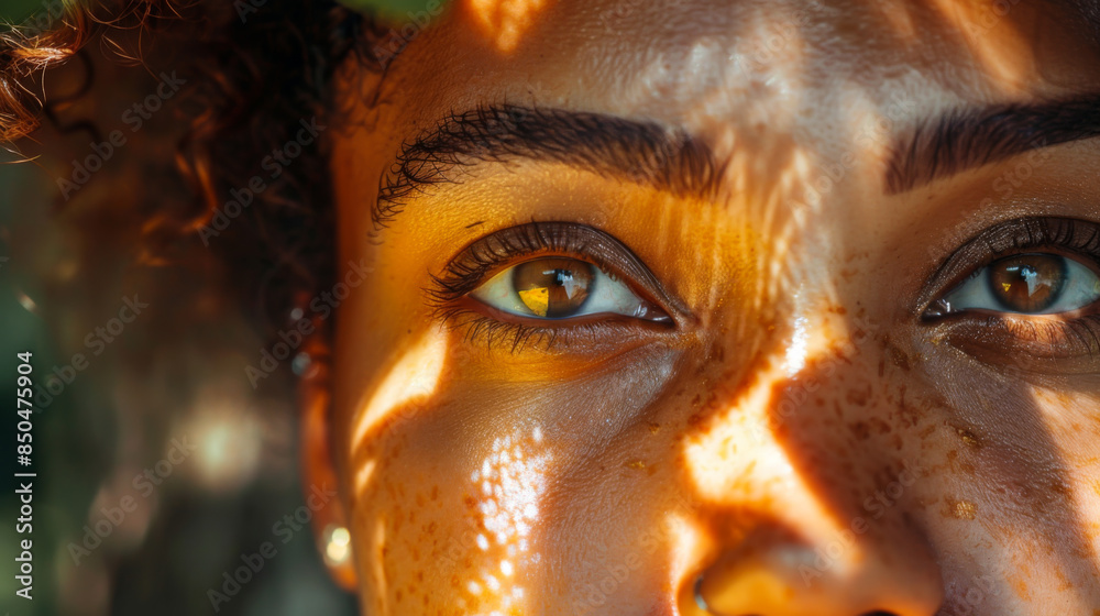 Close up shot of a woman's face in the Dominican Republic with a sun inside their eye