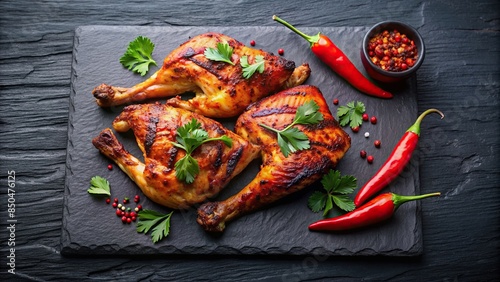 Piri Piri Chicken on a slate board, a Mozambican grilled chicken dish with charred edges, spicy and flavorful, Piri Piri photo