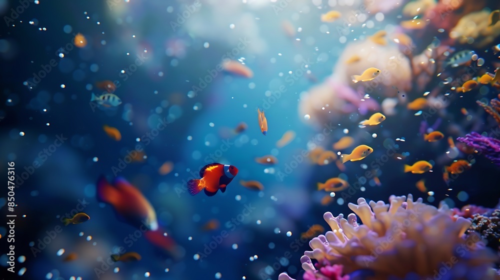 Fototapeta premium underwater coral reef landscape 16to9 background in the deep blue ocean with colorful fish and marine life : Generative AI