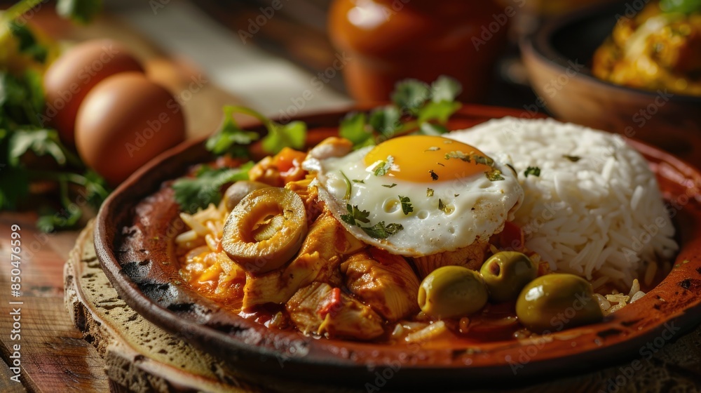 A simple meal consisting of cooked rice, sliced olives, and a fried egg on top A simple meal consisting of cooked rice, sliced olives, and a fried egg on top