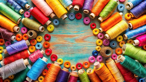 Colorful threads and sewing accessories on vibrant background, sewing, colorful, threads, needles, pins, scissors, bobbins
