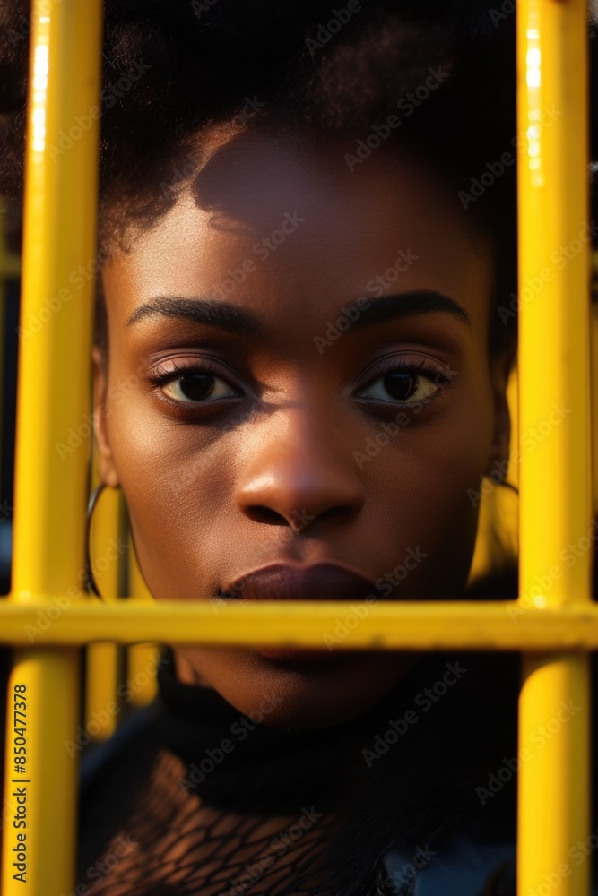 Obraz premium A close-up view of a person locked behind metal bars