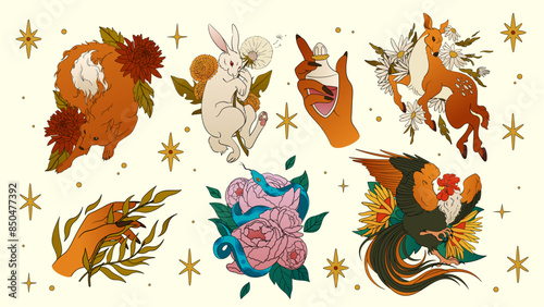 Mystic Boho. Animals and flowers. Esoteric celestial symbols. Bohemian tattoo. Hand with plant leaves. Magic alchemy print. Snake in peonies. Occult moon and stars. Wild deer. Vector art stickers set