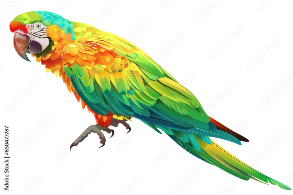 Fototapeta premium Brightly colored parrot with vivid plumage of green, yellow, and orange, isolated on a white background and transparent background in a vibrant, detailed illustration.
