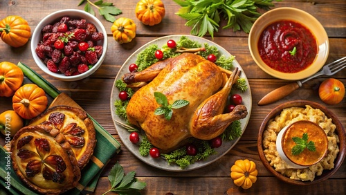 Delicious Thanksgiving feast with roasted turkey, stuffing, cranberry sauce