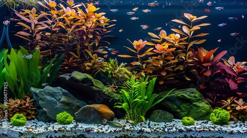 Freshwater planted aquarium aquascape with live plants and diamond tetra fish Frodo stones and redmoor roots inside Plants trident anubias fissidens and java moss ludwigia super red mi : Generative AI photo