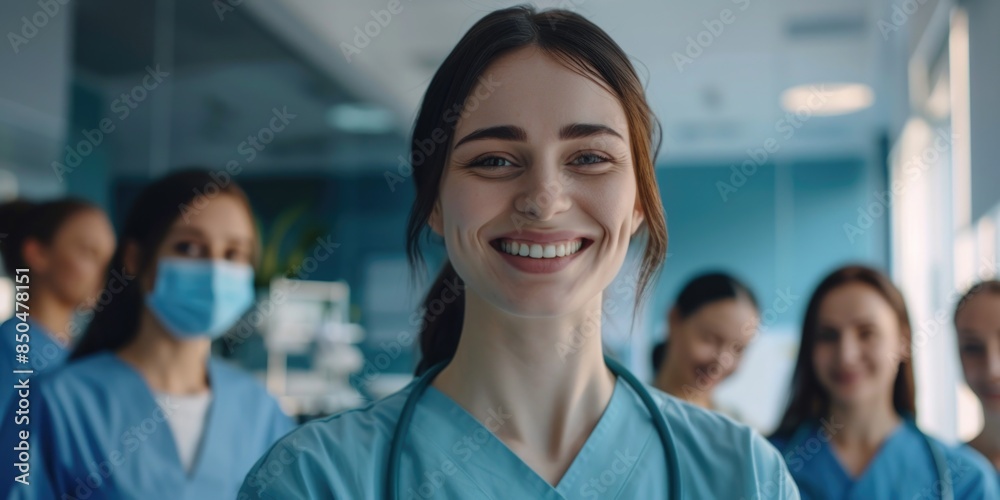 A group of medical professionals wearing scrubs stand in a lineup, ready for duty