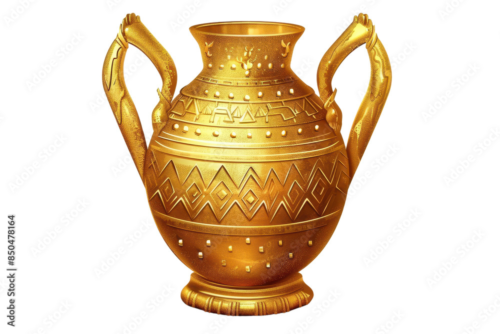 High-resolution image of a golden ancient vase with intricate patterns and two handles, ideal for historical and cultural projects or artistic designs.
