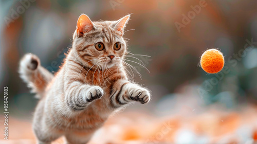 Playful tabby cat leaps with outstretched paws to catch an orange ball, its eyes wide with excitement. photo