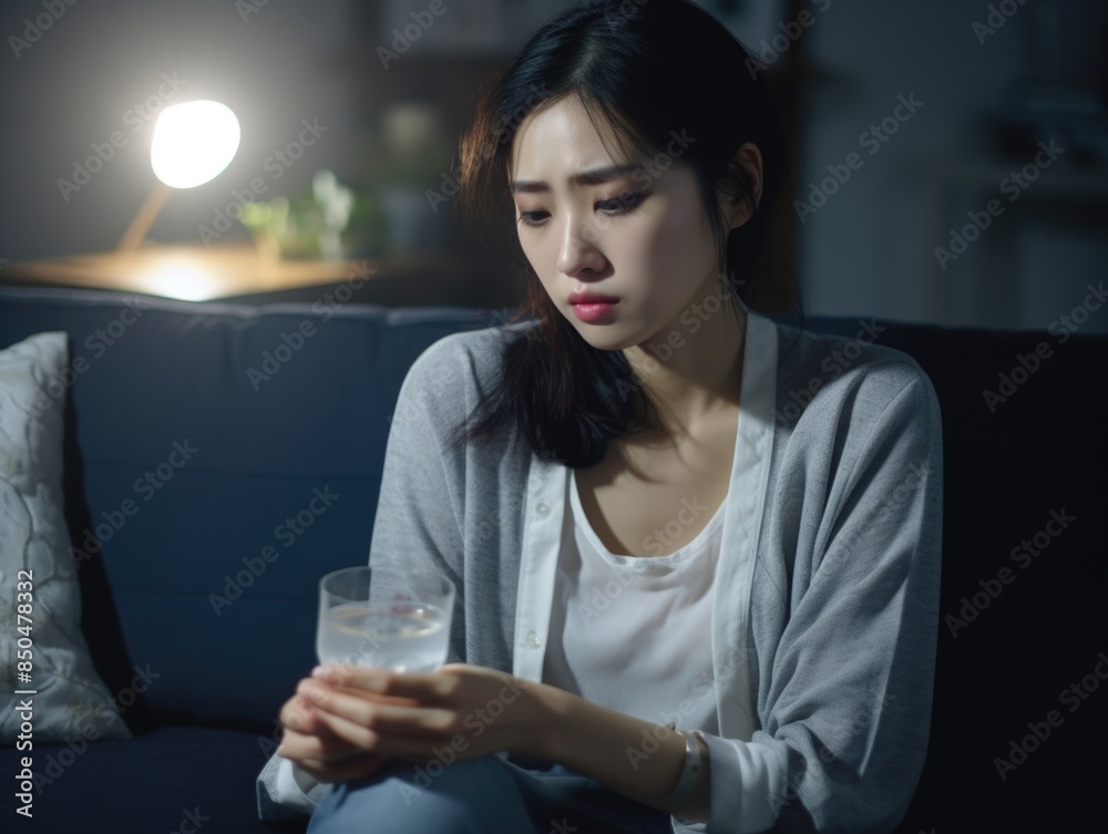 A person resting on a sofa with a refreshing drink, ideal for use in scenes about relaxation or health A person resting on a sofa with a refreshing drink, ideal for use in scenes about relaxation or health