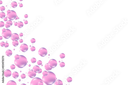 Light violet, light purple liquid soap bubbles or jelly circles, floating over a transparent background. Elegant glowing composition for cosmetology, beauty science, skin care molecular concept.