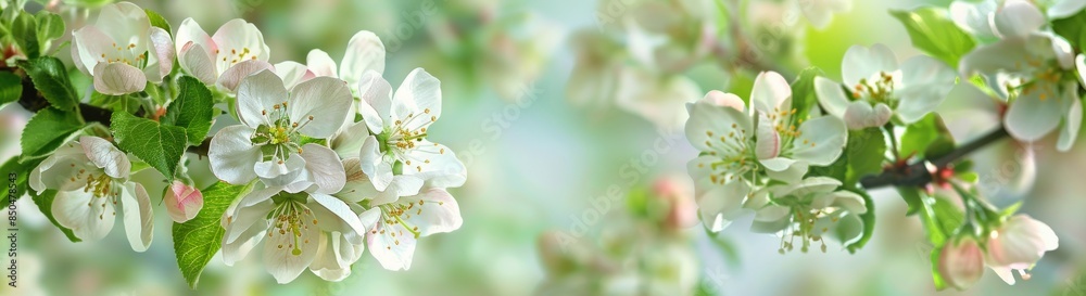 Fototapeta premium White Apple Blossoms on Green Wooden Surface