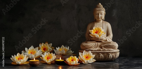 Buddha Statue Meditating With Lotus Flowers and Burning Candles