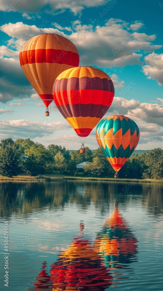 Fototapeta premium Bright balloons in the sky, over a calm lake, reflections on water, high definition, vibrant and serene, floating gently, peaceful scenery