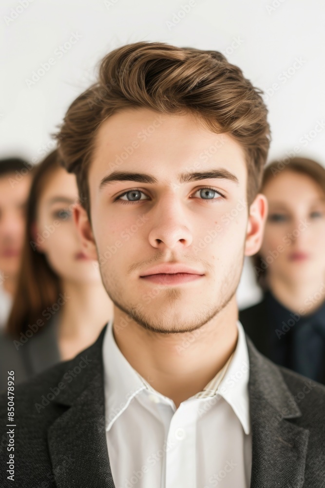 Professional standing among peers, possibly in a meeting or conference setting Professional standing among peers, possibly in a meeting or conference setting