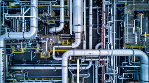 Dicke Rohrleitungen einer modernen Industrieanlage, Ansicht aus der Luft, Querformat