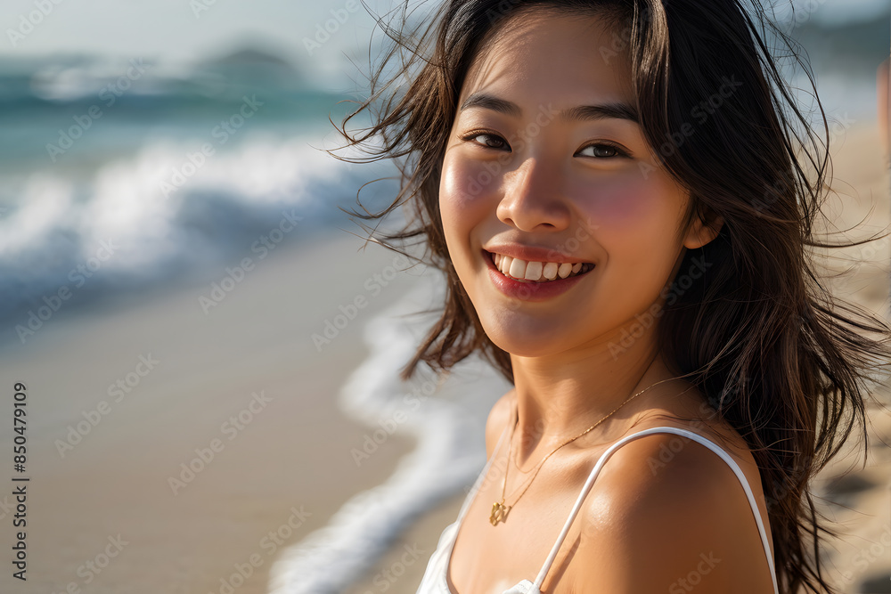 A woman with long hair is smiling at the camera on a beach A woman with long hair is smiling at the camera on a beach