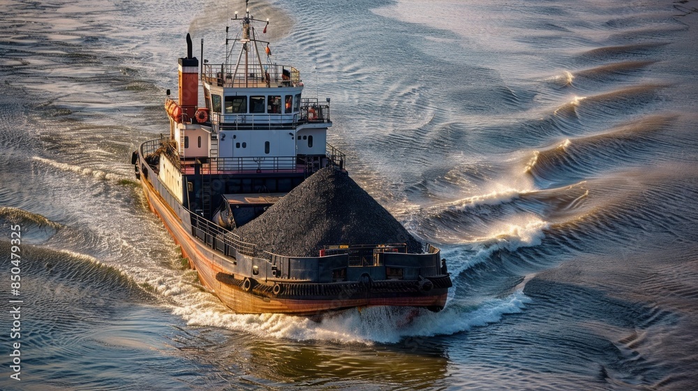 Obraz premium A large ship is carrying a load of coal