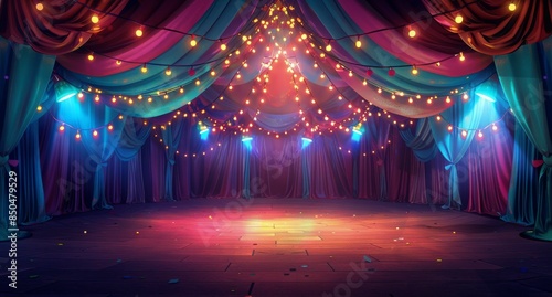 Red Stage Curtains With String Lights and Wooden Floor
