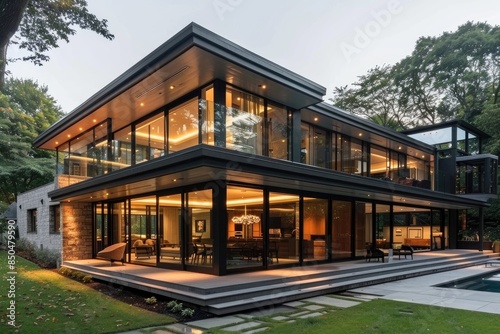 Beautiful modern house exterior with grass field Modern residential district