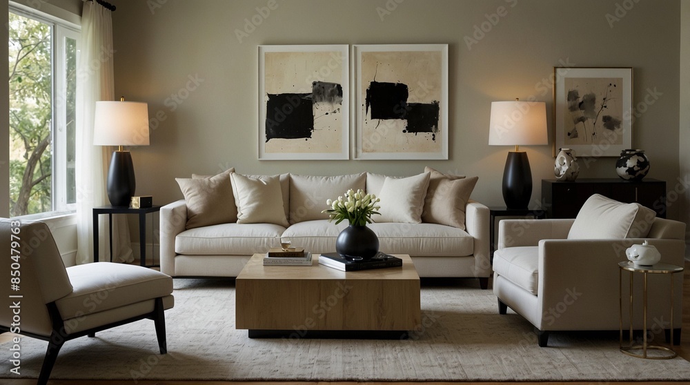 Fototapeta premium Minimalist Elegance in the Living Room Neutral Color Palette and Simple Sophistication