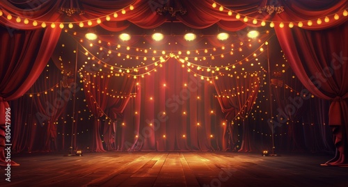 Red Stage Curtains With String Lights and Wooden Floor