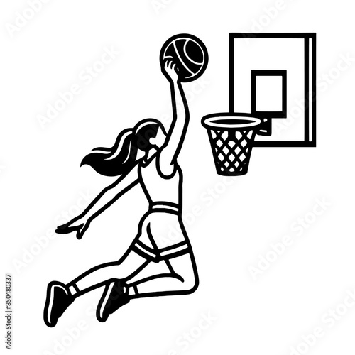 Digital illustration of a women's basketball player in mid-air, performing a slam dunk