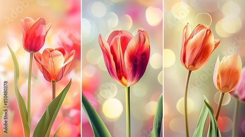 Vivid Floral Triptych: Set of three posters with glowing tulips, adorned with vibrant bokeh effects. photo