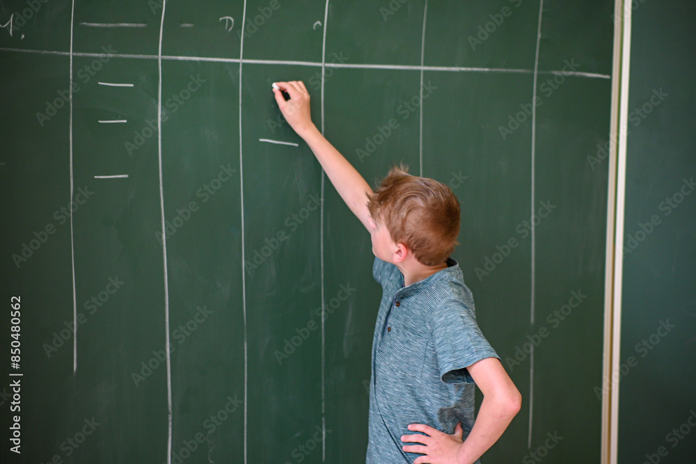 Young student is writing on a large green chalkboard while solving a math problem