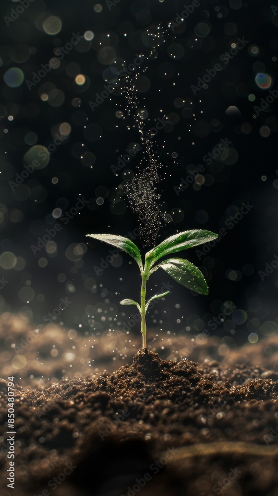 Small green sprout emerging from soil with glowing particles Small green sprout emerging from soil with glowing particles