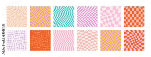 Groovy checkered patterns, vintage aesthetic backgrounds, psychedelic checkerboard texture. Funky hippie fashion textile print, retro background with distorted grid vector pattern set. Bright colors