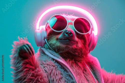 sloth animal dj in sunglasses and pink neon headphones at dj-ing at party on blue turquoise background