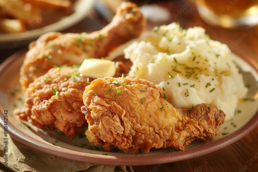 A plate of golden brown fried chicken with mashed potatoes. A plate of golden brown fried chicken with mashed potatoes.