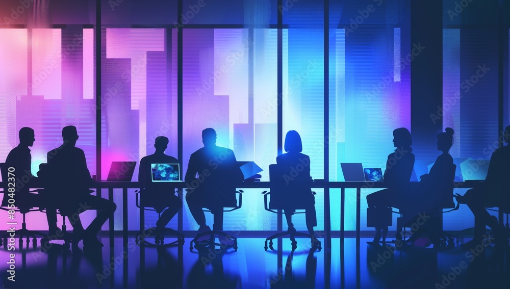 Silhouette of business people at a meeting at a desk in a modern office. Silhouette of business people at a meeting at a desk in a modern office.