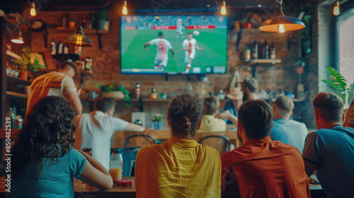 A fan drinking beer in a bar watches a football game on TV.
