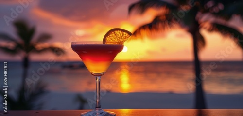 Tropical Sunset Cocktail on Beachside Table With Palm Trees
